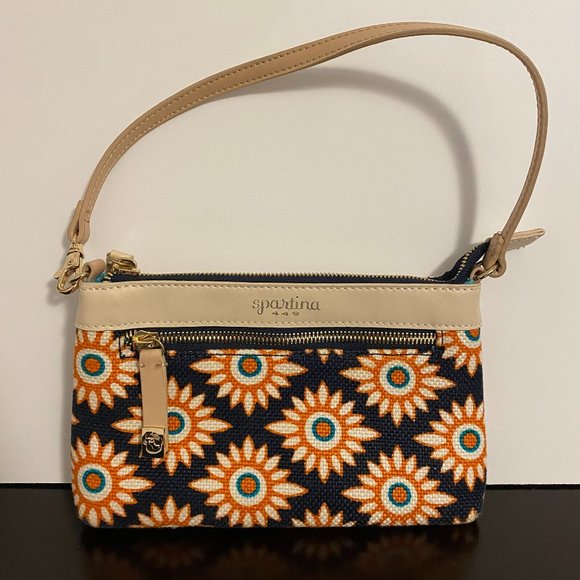 Spartina 449 Wristlet Orange Flowers Navy Blue - Picture 1 of 8